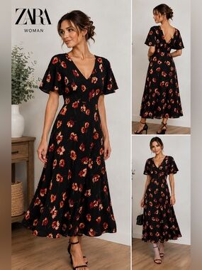 zara satin effect print cape dress Zara SATIN EFFECT CAPE MIDI DRESS